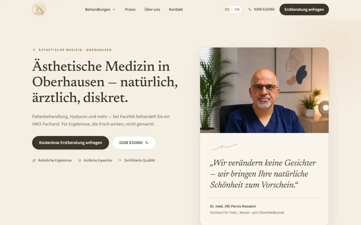 Startseite der Website von FaceNik Aesthetics